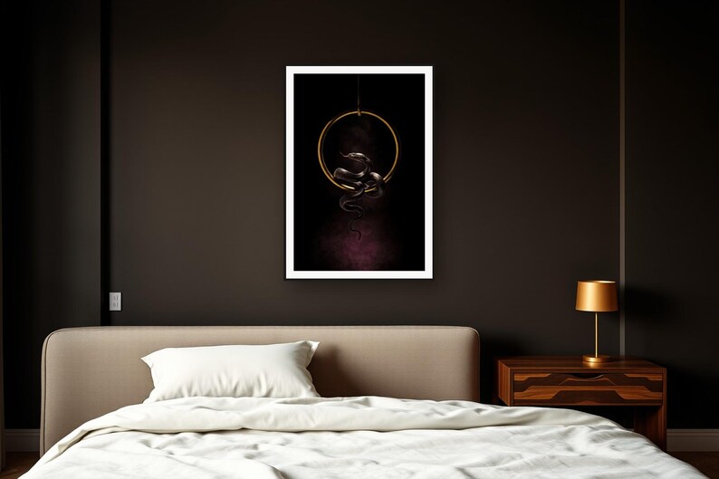 Serpent Wall Art II art print framed in a dark luxury bedroom