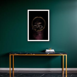 Serpent Wall Art art print on a brass and black console vignette