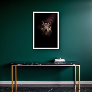Wolf Wall Art art print on a brass and black console vignette