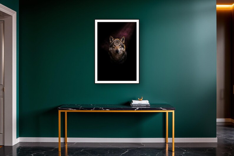 Wolf Wall Art art print on a brass and black console vignette