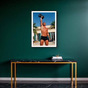 Dumbbell Press Wall Art art print on a brass and black console vignette