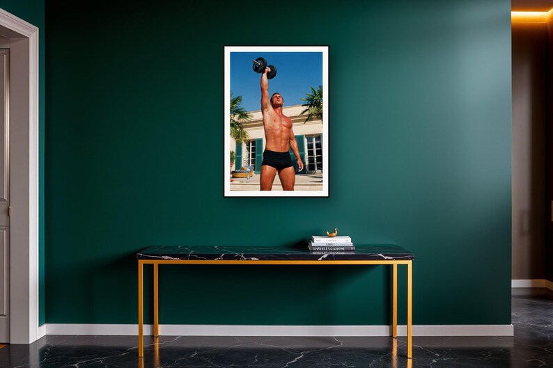 Dumbbell Press Wall Art art print on a brass and black console vignette