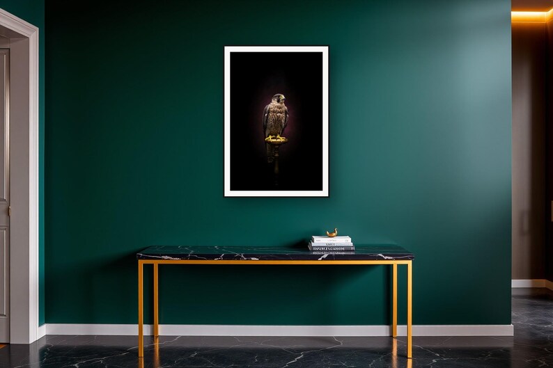 Falcon Wall Art II art print on a brass and black console vignette