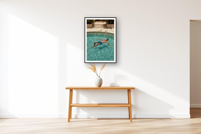 Pool Float Wall Art art print displayed above an entry console table