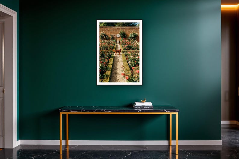 Irish Setter Wall Art art print on a brass and black console vignette