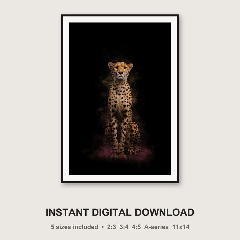Cheetah Wall Art | Brass Rimmed Print, Black Gold Animal Decor (Digital Download) image 3