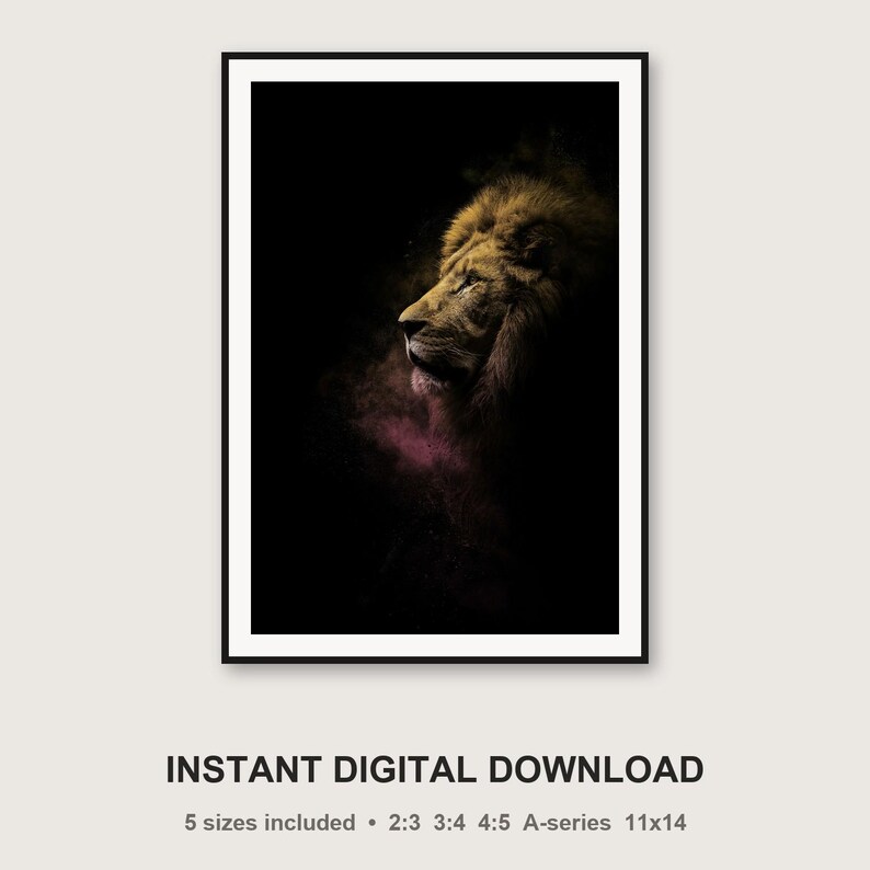 Lion Wall Art Print | Brass Rimmed Mane, Black Gold Animal Decor (Digital Download) image 3
