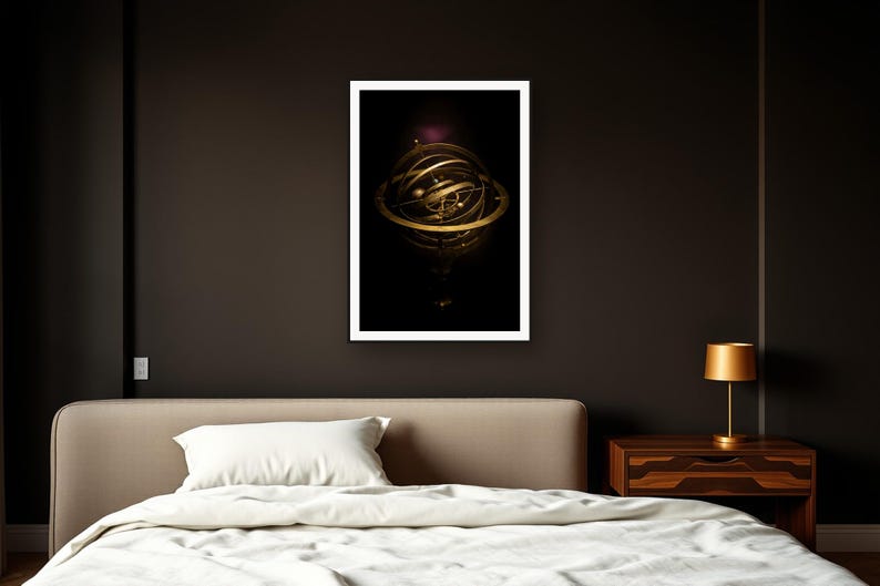 Celestial Wall Art art print framed in a dark luxury bedroom
