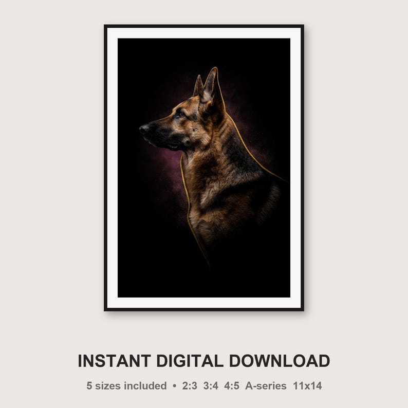 German Shepherd Portrait | Brass Rim Light Dog Art (Digital Download) image 3