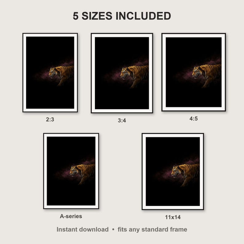 Tiger Wall Art print size chart - 5 ratios included: 2:3, 3:4, 4:5, 11x14, ISO A