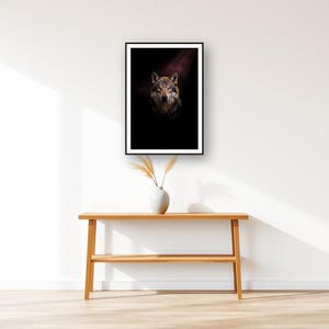 Wolf Wall Art art print displayed above an entry console table