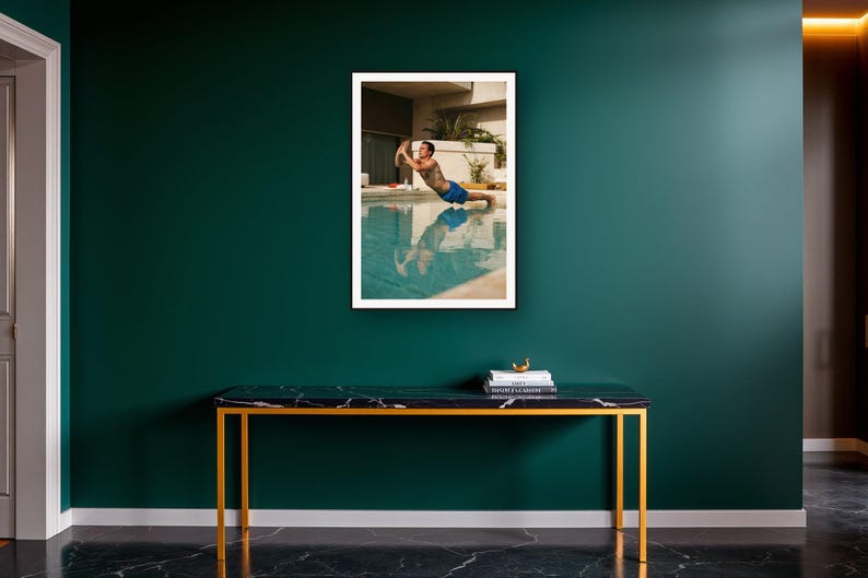 Push Up Wall Art art print on a brass and black console vignette