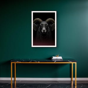 Ram Wall Art II art print on a brass and black console vignette
