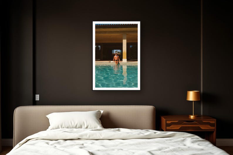 Poolside Athlete Wall Art art print framed in a dark luxury bedroom