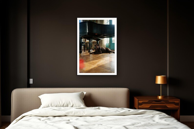 Chocolate Labrador Wall Art art print framed in a dark luxury bedroom