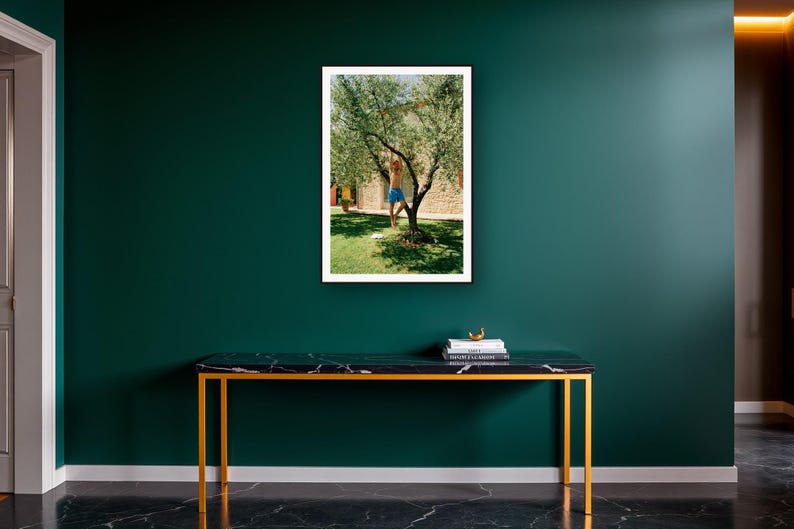 Pull Up Wall Art art print on a brass and black console vignette