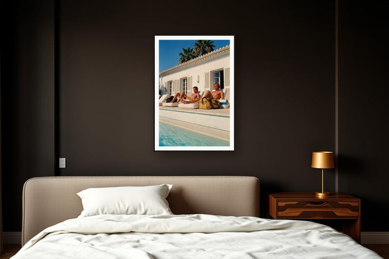 Poolside Athletes Wall Art art print framed in a dark luxury bedroom