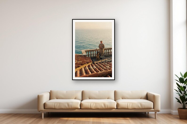 German Shepherd Balcony Print | Vintage Coastal Coffee Scene (Digital Download) image 1