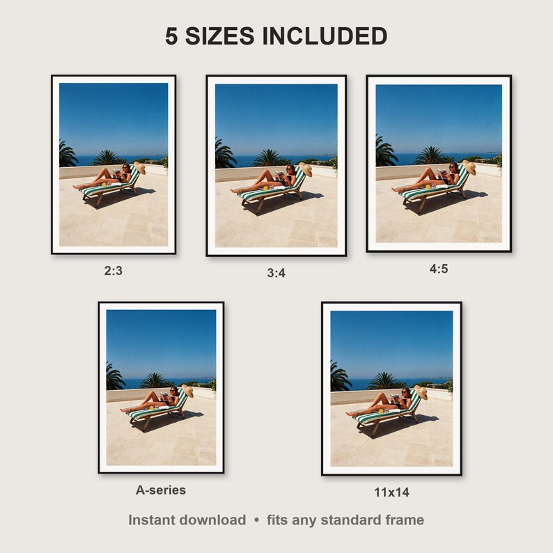 Sun Lounger Wall Art print size chart - 5 ratios included: 2:3, 3:4, 4:5, 11x14, ISO A