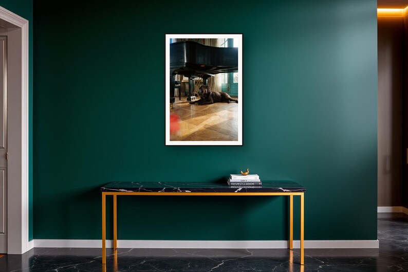 Chocolate Labrador Wall Art art print on a brass and black console vignette