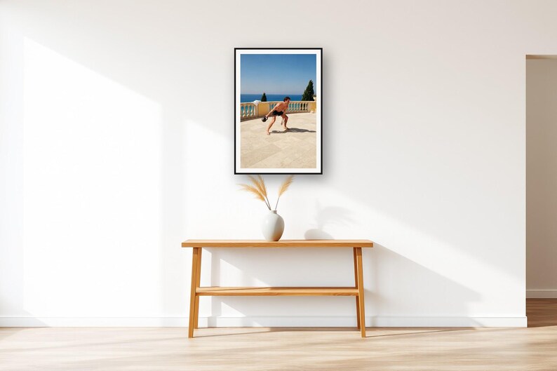 Kettlebell Wall Art art print displayed above an entry console table