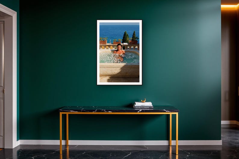 Ice Bath Wall Art art print on a brass and black console vignette