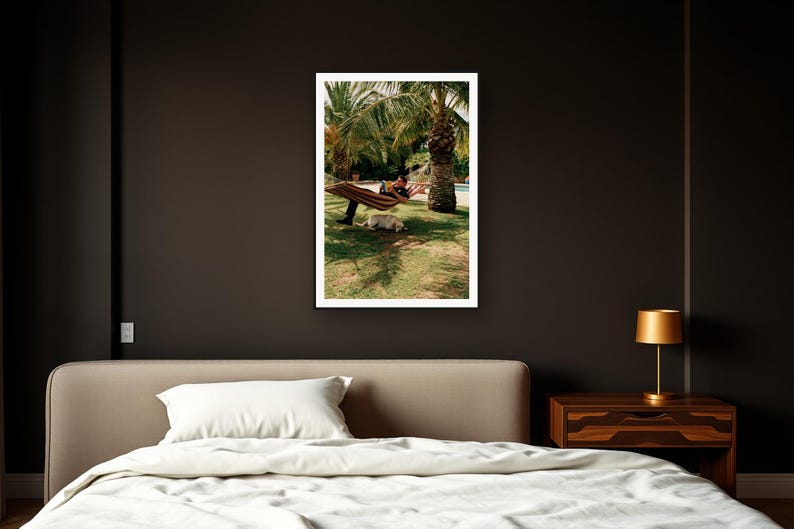 Labrador Wall Art art print framed in a dark luxury bedroom