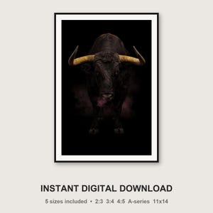 Bull Wall Art | Brass Horns, Black Gold Animal Print (Digital Download) image 3