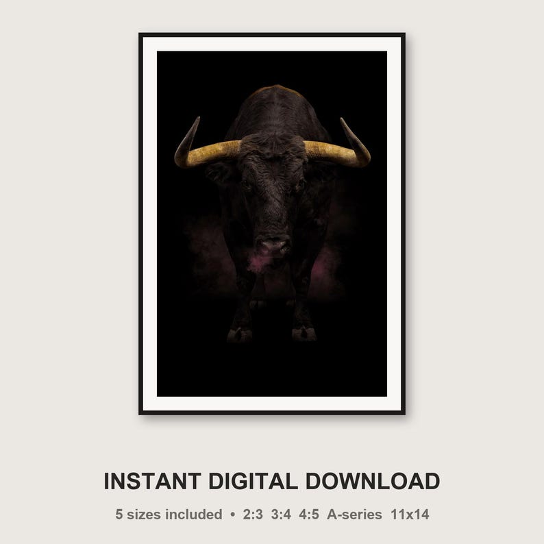 Bull Wall Art | Brass Horns, Black Gold Animal Print (Digital Download) image 3