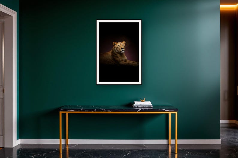 Lioness Wall Art III art print on a brass and black console vignette