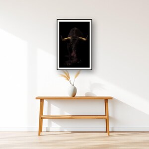Bull Wall Art art print displayed above an entry console table