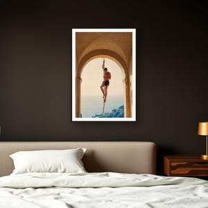Rope Climb Wall Art art print framed in a dark luxury bedroom