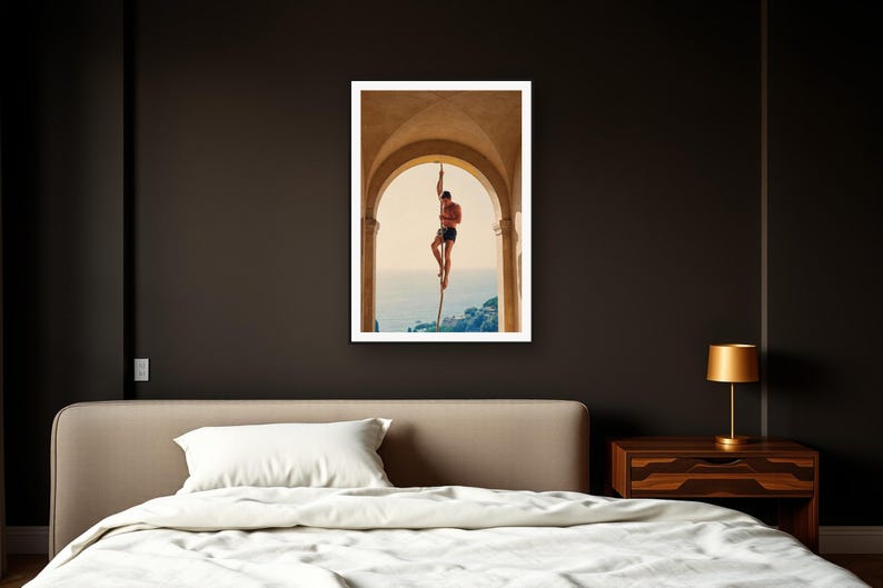 Rope Climb Wall Art art print framed in a dark luxury bedroom