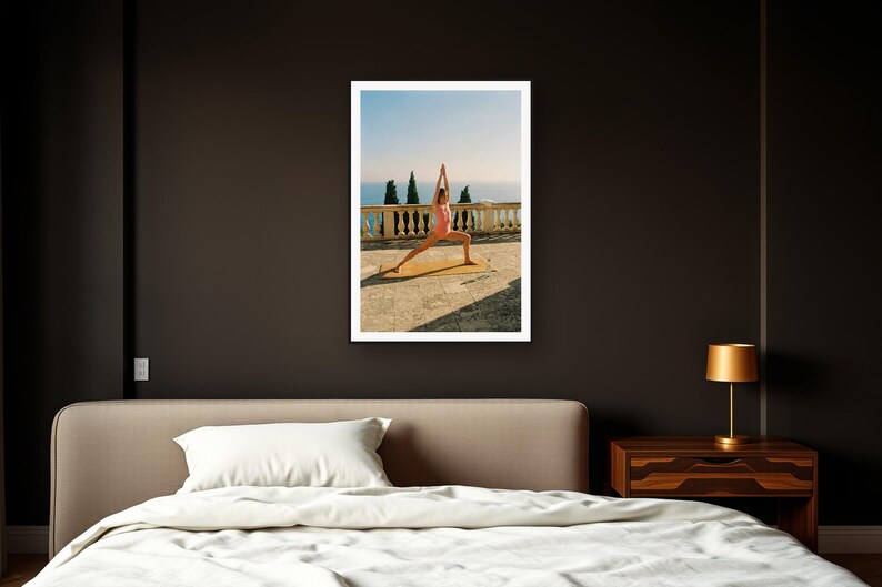 Yoga Wall Art art print framed in a dark luxury bedroom