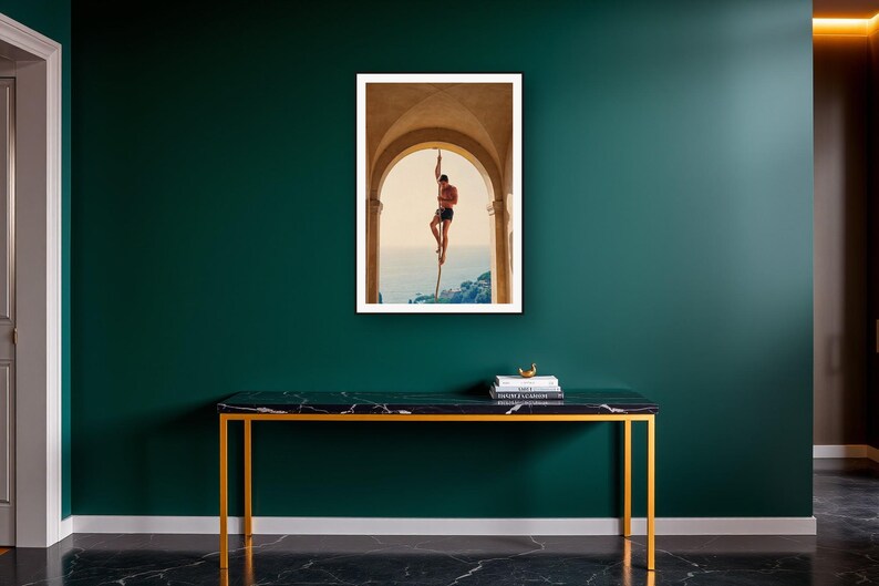 Rope Climb Wall Art art print on a brass and black console vignette