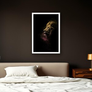 Lion Wall Art art print framed in a dark luxury bedroom