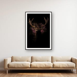Muurdecoratie met hert | Print van messing gewei, zwartgouden dierendecoratie (digitale download) afbeelding 1
