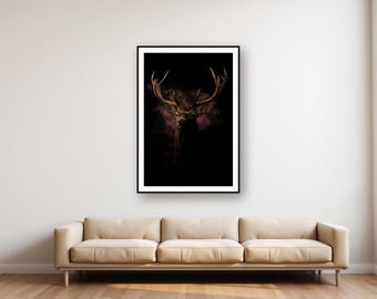 Stag Wall Art | Brass Antler Print, Black Gold Animal Decor (Digital Download)