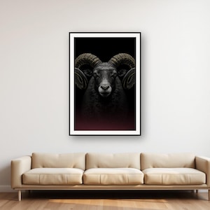 Decorazione murale con ariete / Stampa con corno a spirale in ottone, decorazione animale nera e oro (download digitale) immagine 1