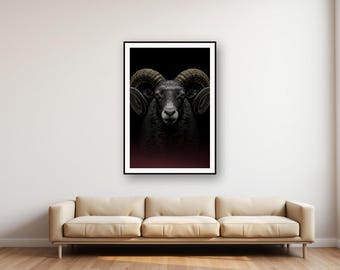 Arte de parede com carneiro | Impressão de chifre espiral em latão, decoração animal em preto e dourado (download digital)