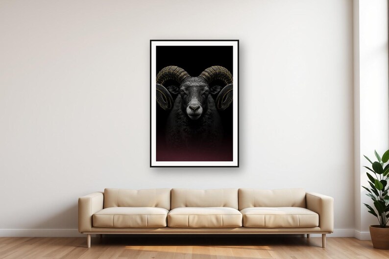 Decorazione murale con ariete / Stampa con corno a spirale in ottone, decorazione animale nera e oro (download digitale) immagine 1