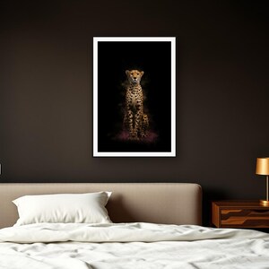 Cheetah Wall Art art print framed in a dark luxury bedroom