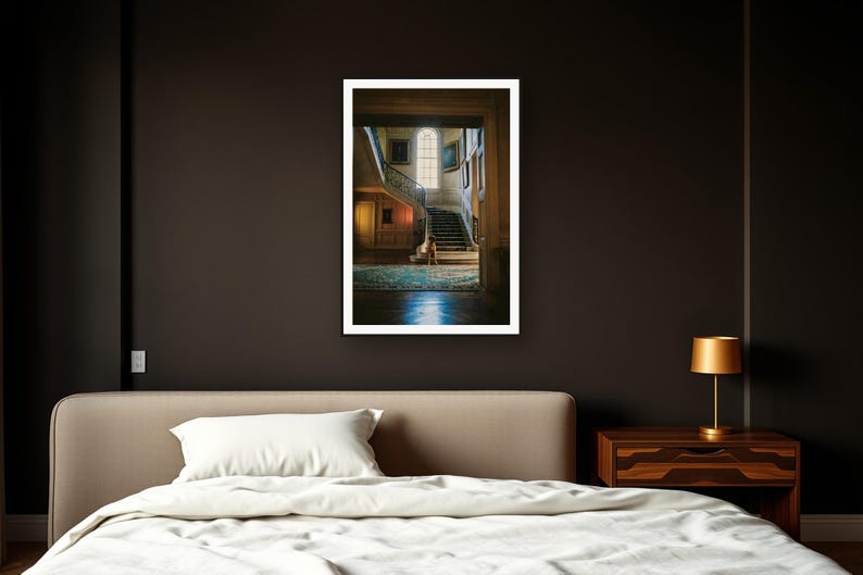 Great Dane Wall Art art print framed in a dark luxury bedroom