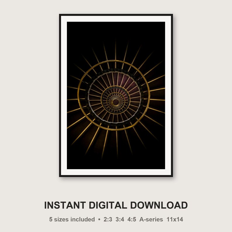 Brass Spiral Staircase Print | Dark Moody Architectural Art (Digital Download) image 3