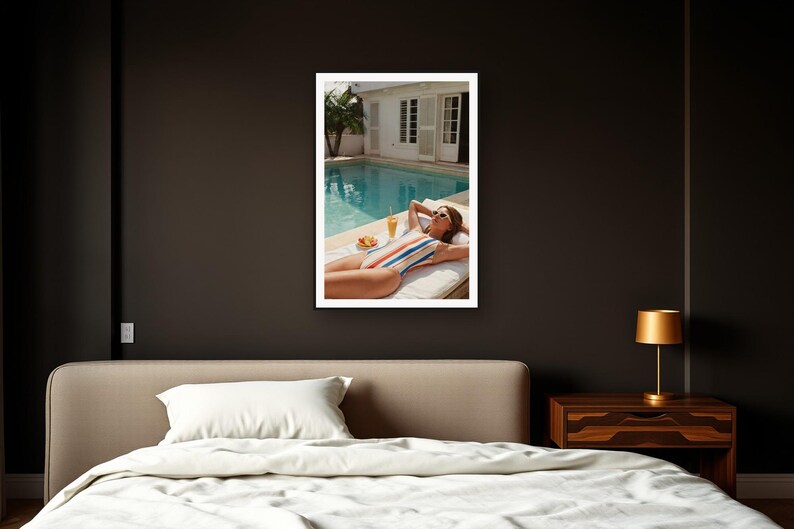 Poolside Wall Art art print framed in a dark luxury bedroom