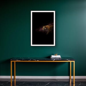 Tiger Wall Art art print on a brass and black console vignette