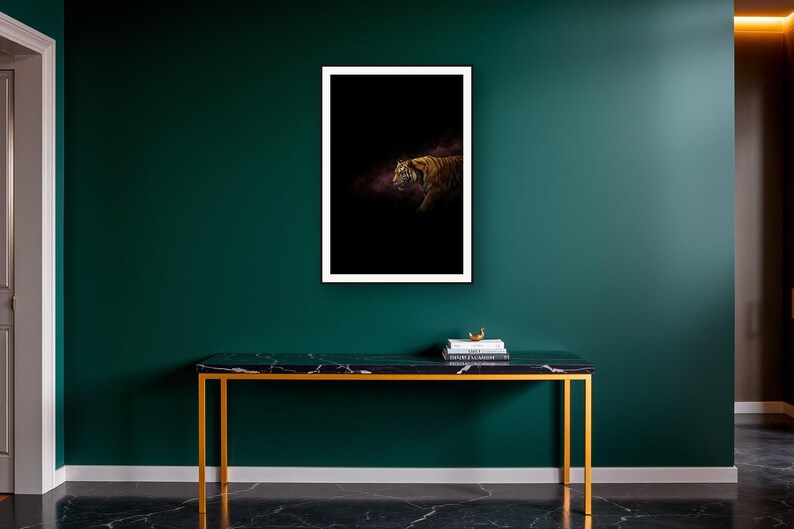 Tiger Wall Art art print on a brass and black console vignette