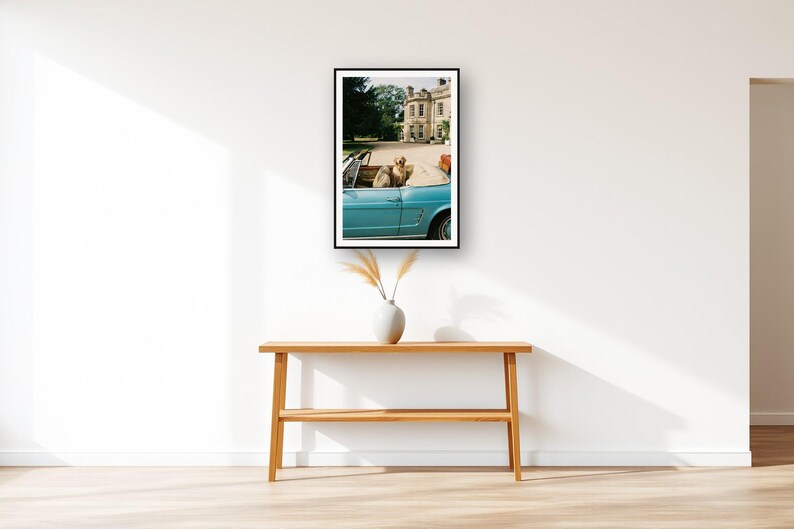 Golden Retriever Wall Art art print displayed above an entry console table