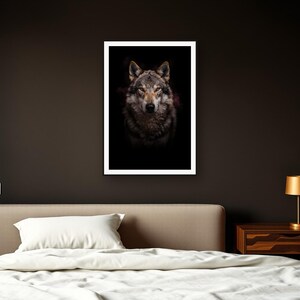Wolf Wall Art III art print framed in a dark luxury bedroom