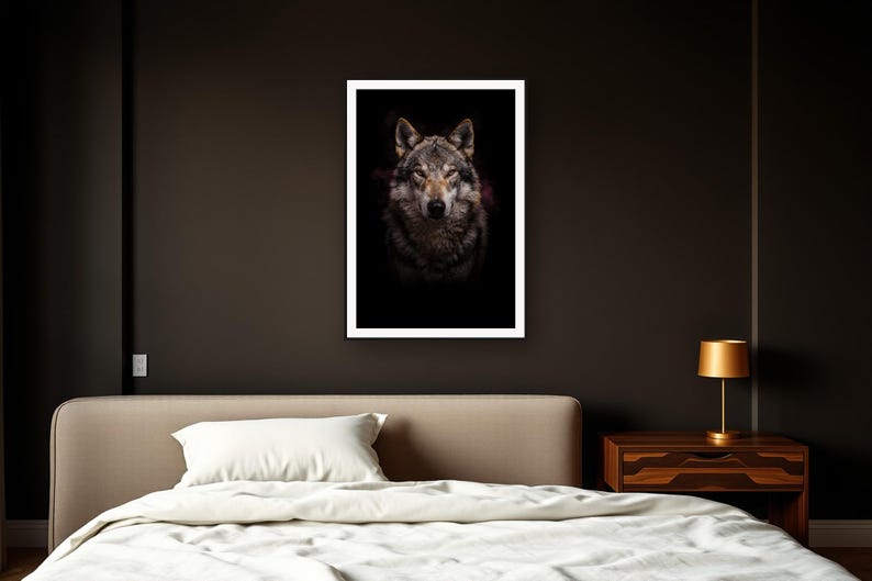 Wolf Wall Art III art print framed in a dark luxury bedroom